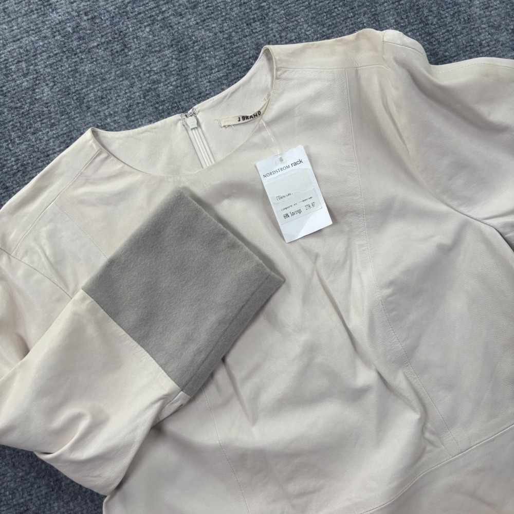 J Brand Leather Top Small Linen Grey Lambskin Wool Contrast Long Sleeve Women's